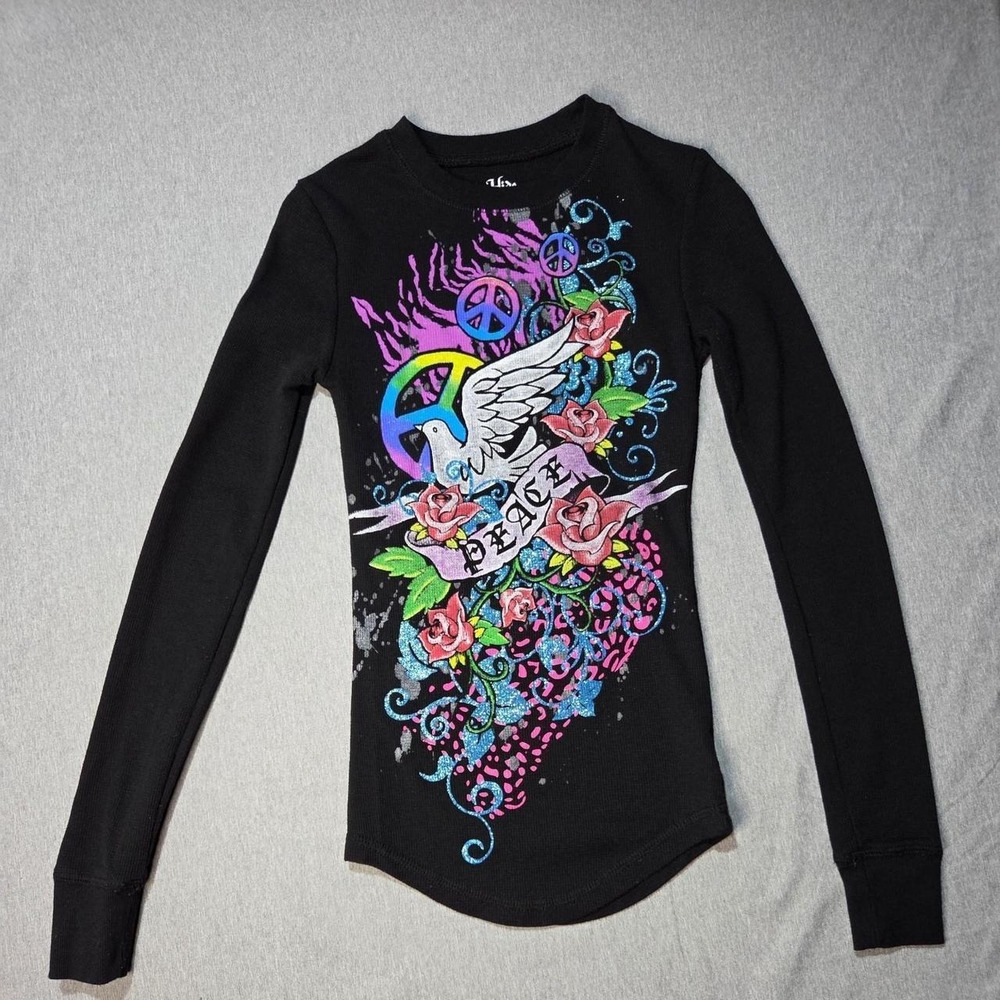 Hide & Seek Jerry Leigh Peace Dove Rose Glitter Thermal Graphic Top‎ Black S